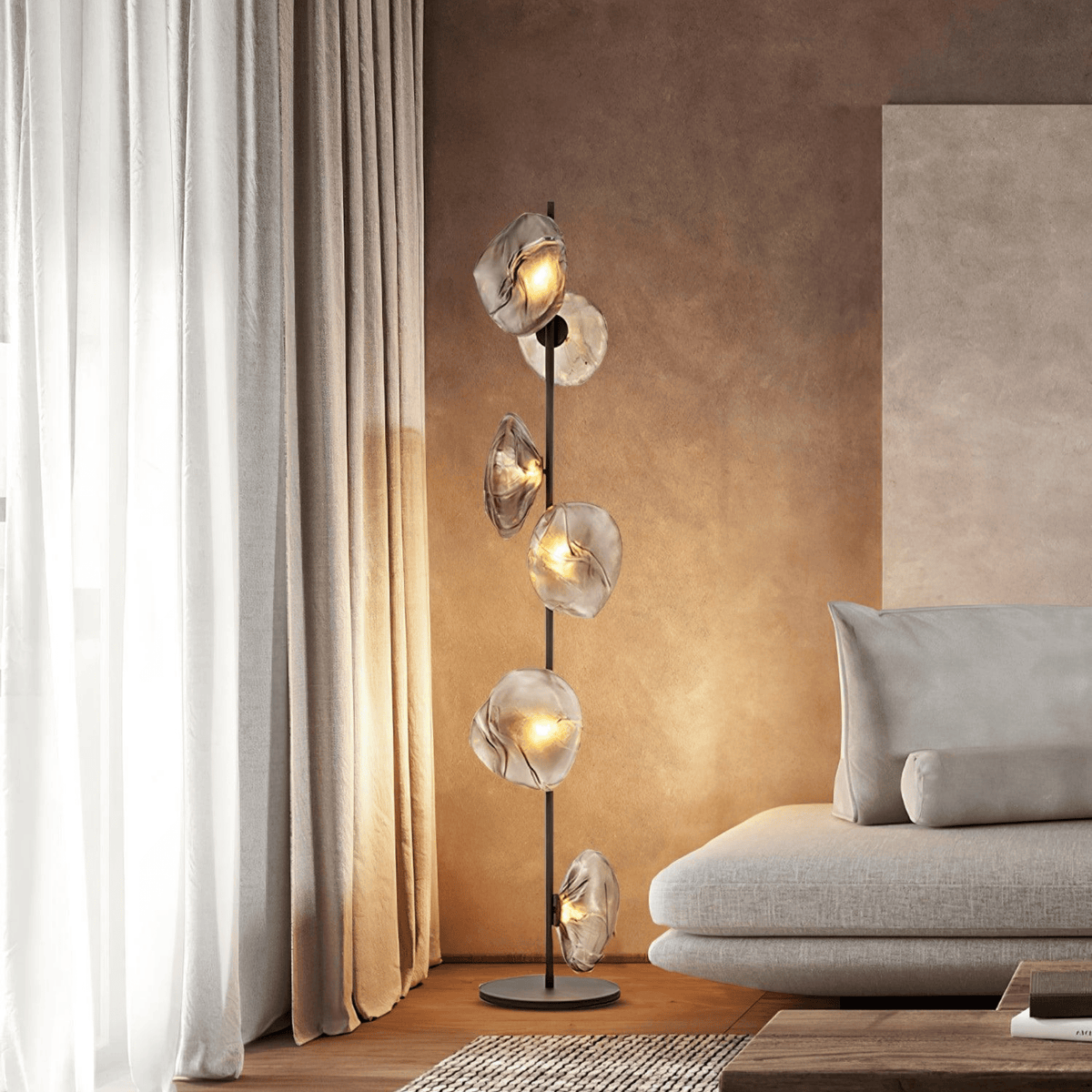 Contemporary Glass Shade Standing Lamp with Metal Frame – 6-Light Sculptural Design for Living Room & Bedroom | Thomler