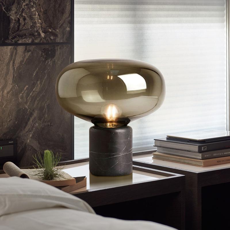 Stone & Glass Table Lamp with Hand-Blown Tinted Shade for Bedroom Nightstand & Living Room Accent Lighting | Modern Elegant Desk Lamp | Thomler