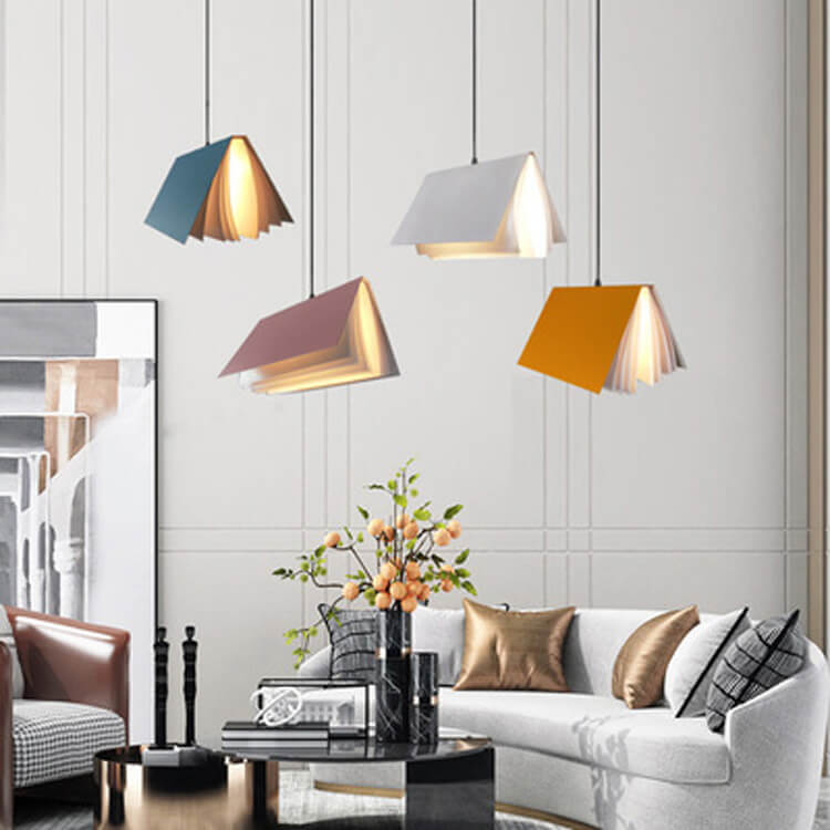 Hardwired Ceiling Pendant Fixture with Open-Book Shade in PVC & Metal for Living Room, Bedroom, Home Office, Reading Nook | Thomler