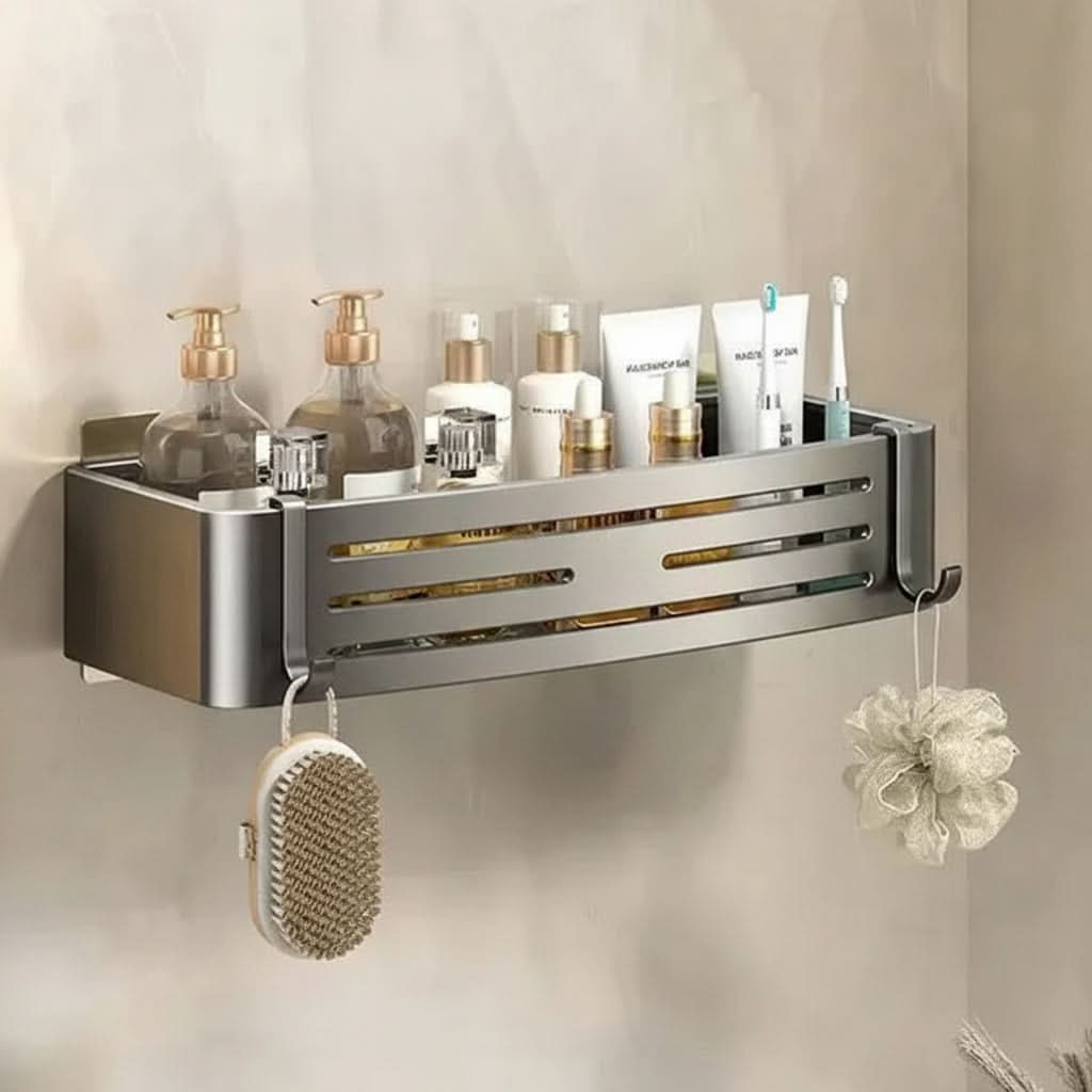 Drill-Free Aluminum Shower Caddy with Adhesive Mount – Rust-Resistant Storage Organizer for Toiletries, Shampoo & Bathroom Essentials | Thomler