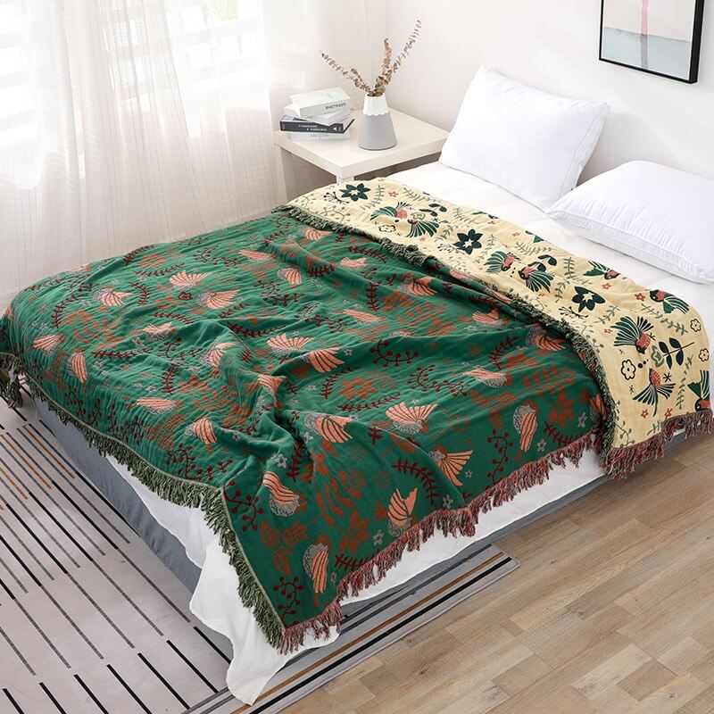 Reversible Cotton Throw Blanket with Woven Bird & Floral Pattern, Tasseled Edge for Couch, Sofa, Bed – Double-Sided Bohemian Home Accent | Thomler