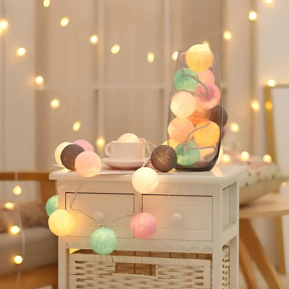 Cotton Ball String Lights LED Garland for Bedroom Living Room Nursery Party Decor USB or Battery Powered Ambient Lighting | Thomler