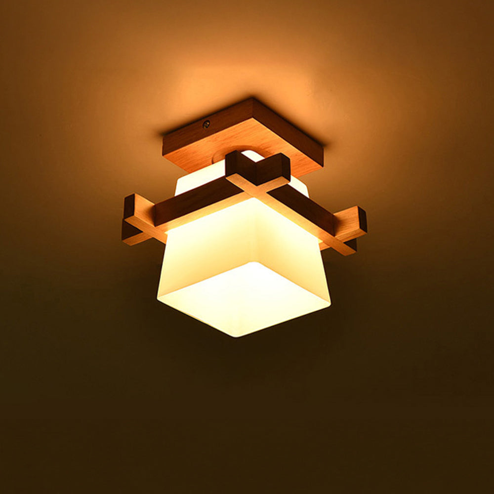 Ceiling Light Wood E27 20.0 cm White Japandi Hallway Bedroom Living Room Square Flush Mount Lamp | Thomler