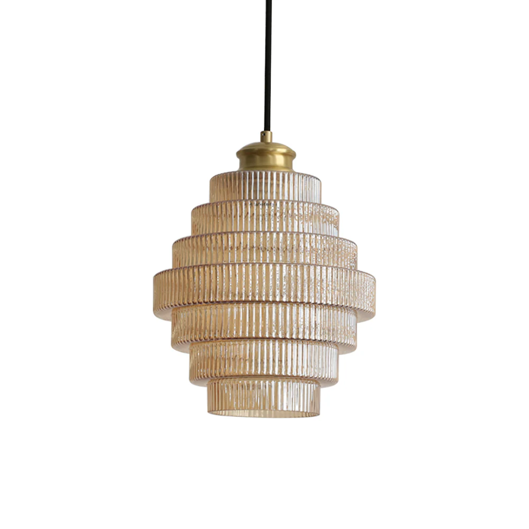 Pendant Light Ribbed Glass Brass Layered Shade Dining Room Kitchen Island Hanging Ceiling Lamp | Thomler