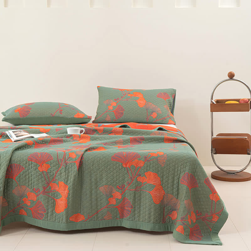 Reversible Cotton Quilt Ginkgo Leaf Design All-Season Bedspread Lightweight Throw Blanket for Bedroom Sofa Couch Travel Comfort | Thomler