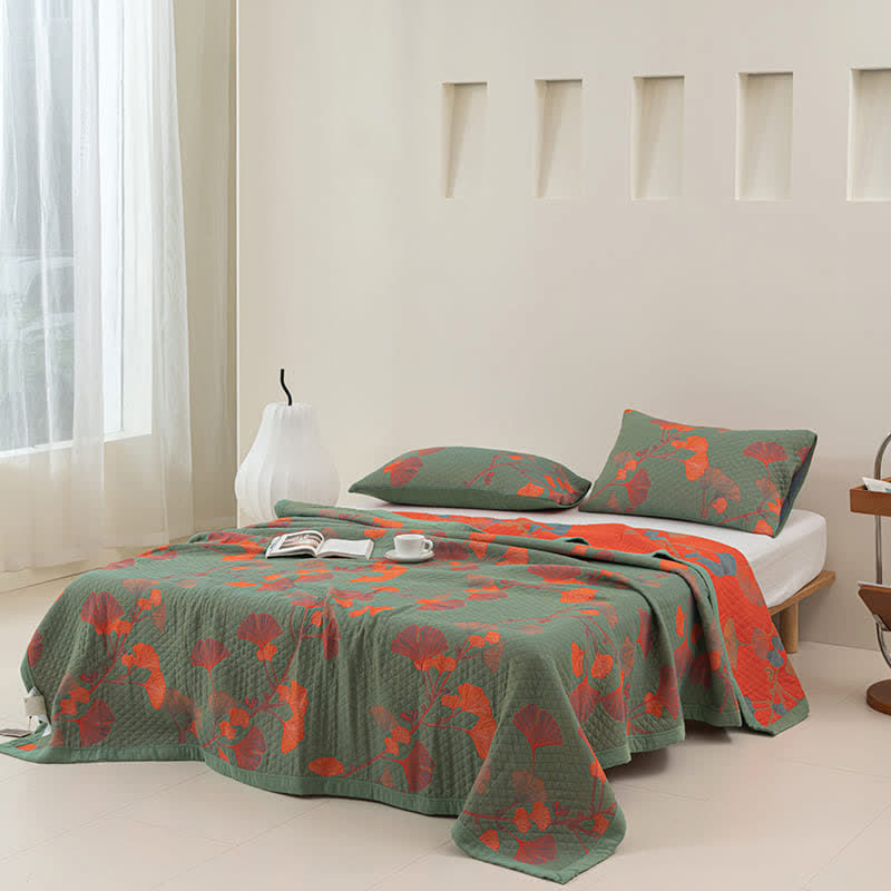 Reversible Cotton Quilt Ginkgo Leaf Design All-Season Bedspread Lightweight Throw Blanket for Bedroom Sofa Couch Travel Comfort | Thomler