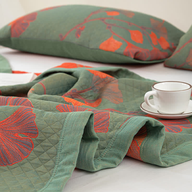 Reversible Cotton Quilt Ginkgo Leaf Design All-Season Bedspread Lightweight Throw Blanket for Bedroom Sofa Couch Travel Comfort | Thomler