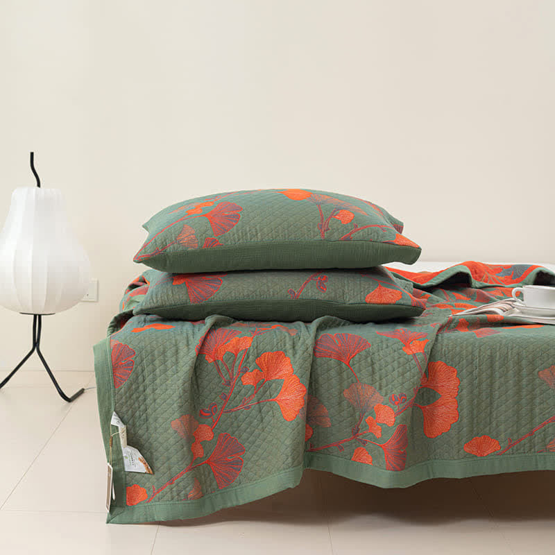 Reversible Cotton Quilt Ginkgo Leaf Design All-Season Bedspread Lightweight Throw Blanket for Bedroom Sofa Couch Travel Comfort | Thomler