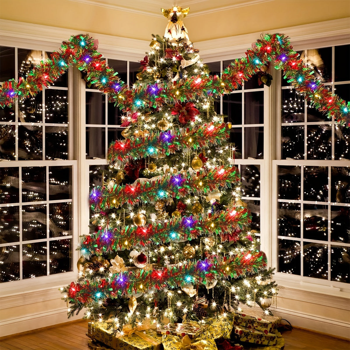Battery-Powered Tinsel Garland with 50 LED Lights – 16 ft Shimmering Holiday Decor | Thomler