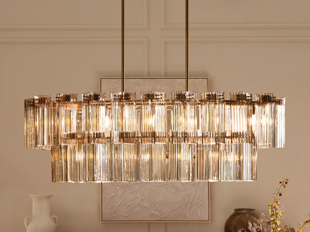 Oval Glass Panel Chandelier with Metal Frame 4-17 Lights Adjustable Height for Dining Room & Entryway | Thomler