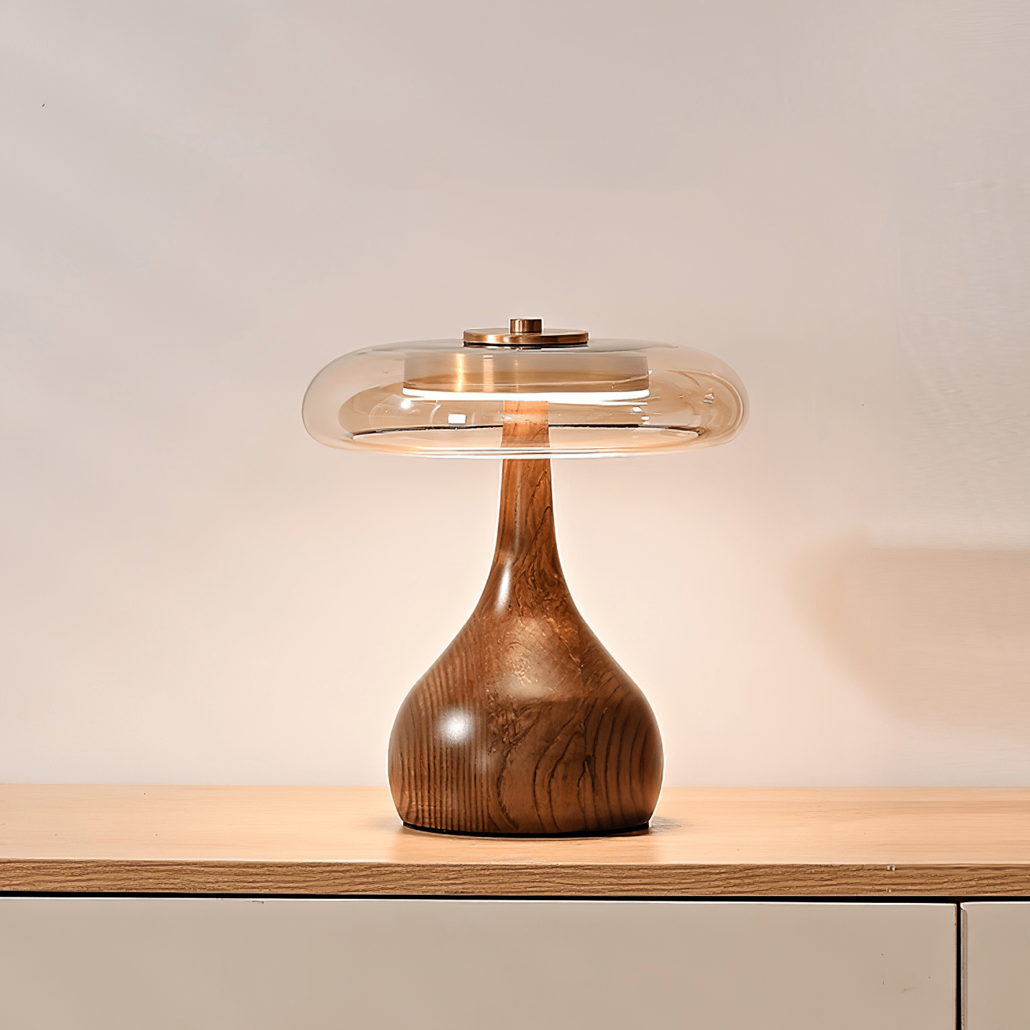 Wooden Table Lamp 9.8 in (25.0 cm) Amber Glass Shade Indoor Desk Lighting Warm Glow | Thomler