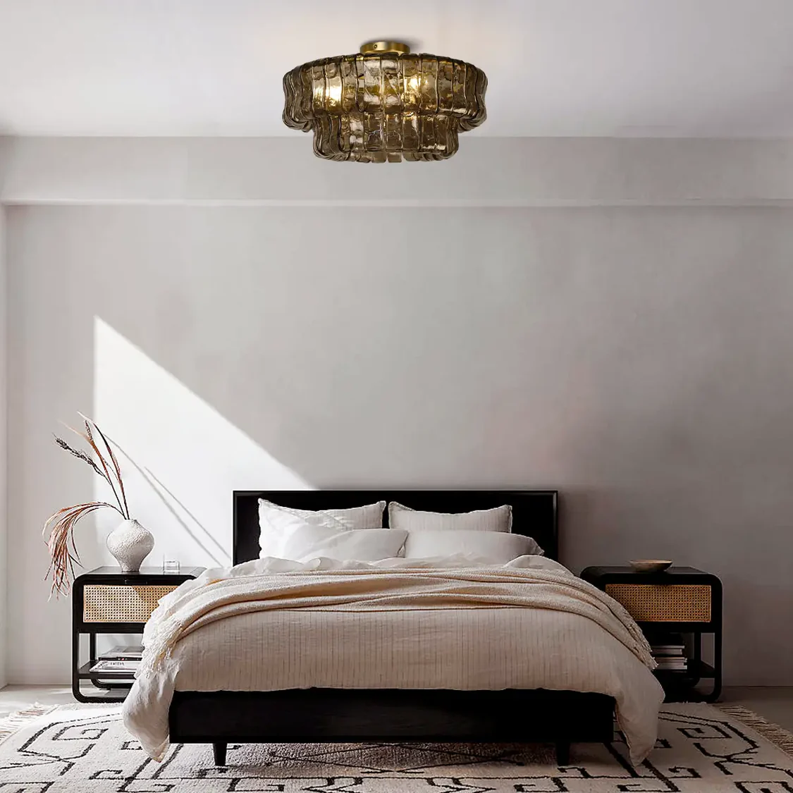 Textured Glass Flush Mount Ceiling Light 18-Inch Brass Finish 3-Light Modern Fixture for Living Room Bedroom Dining Room Entryway | Thomler