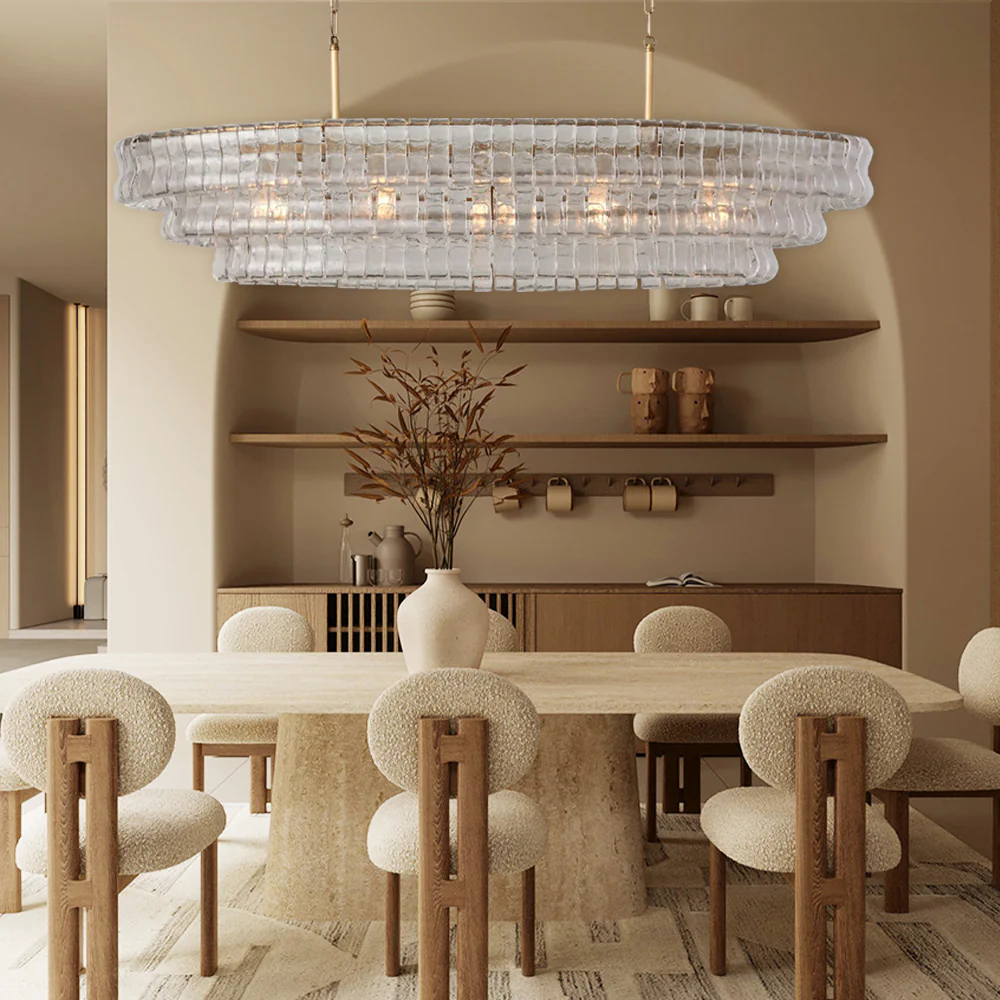 Oval Statement Chandelier Steel Frame Curved Glass Panels Adjustable Drop 5 or 12 Bulbs Dining Room Foyer | Thomler