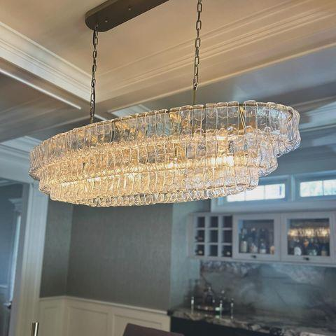 Oval Statement Chandelier Steel Frame Curved Glass Panels Adjustable Drop 5 or 12 Bulbs Dining Room Foyer | Thomler