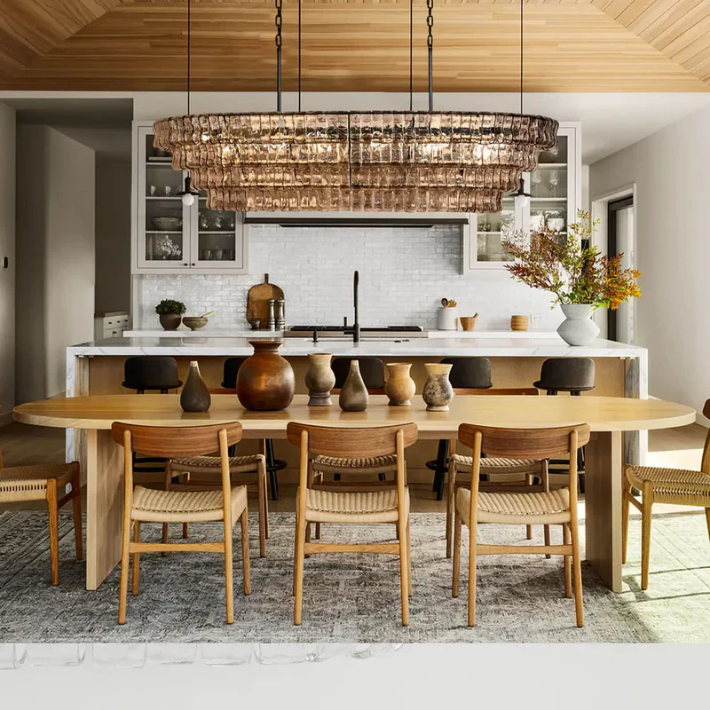 Oval Statement Chandelier Steel Frame Curved Glass Panels Adjustable Drop 5 or 12 Bulbs Dining Room Foyer | Thomler