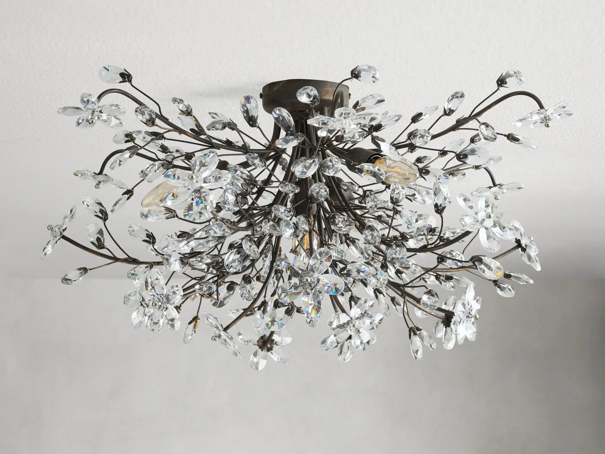 Crystal Flower Ceiling Light Fixture 27.5 inch Flush Mount Iron Frame Handcrafted Floral Design Ambient Lighting for Living Room Bedroom | Thomler