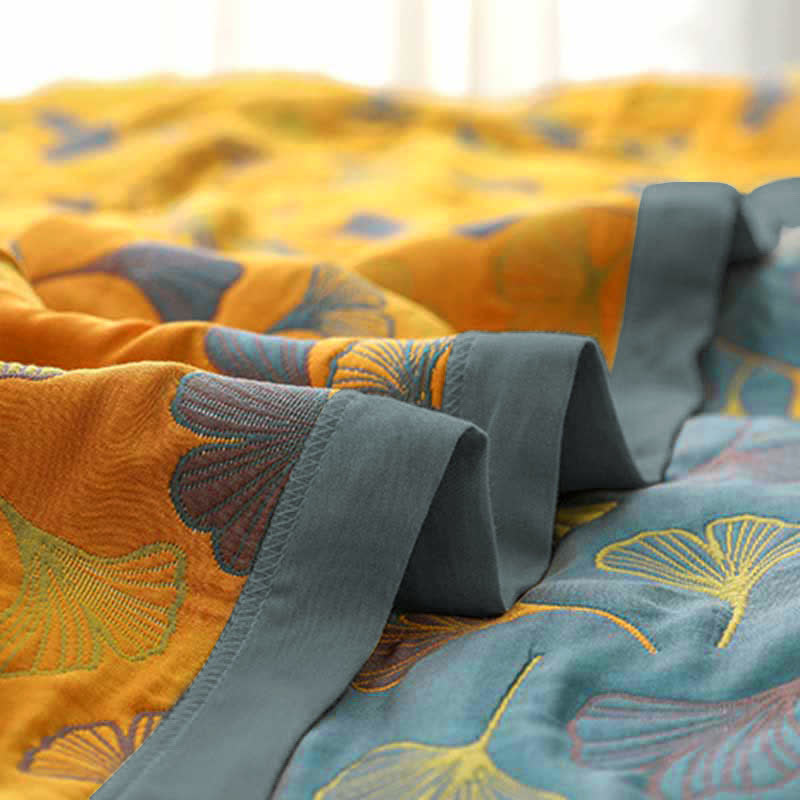 Reversible Cotton Quilt Ginkgo Leaf Botanical Print Bedspread Comforter Coverlet for Bedroom Decor Queen King Full Size Soft Breathable | Thomler