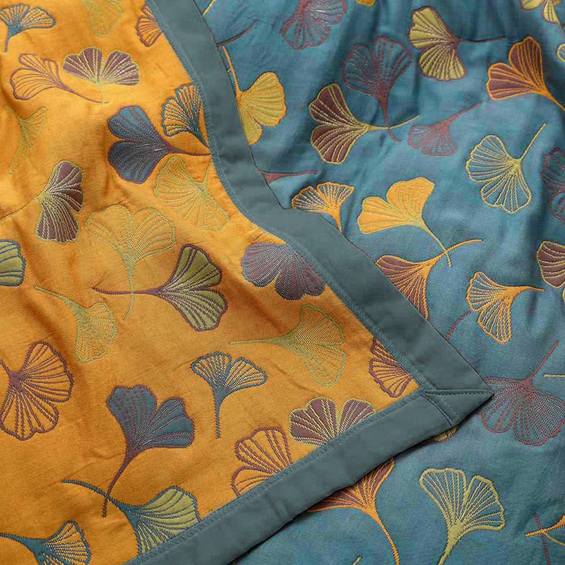 Reversible Cotton Quilt Ginkgo Leaf Botanical Print Bedspread Comforter Coverlet for Bedroom Decor Queen King Full Size Soft Breathable | Thomler