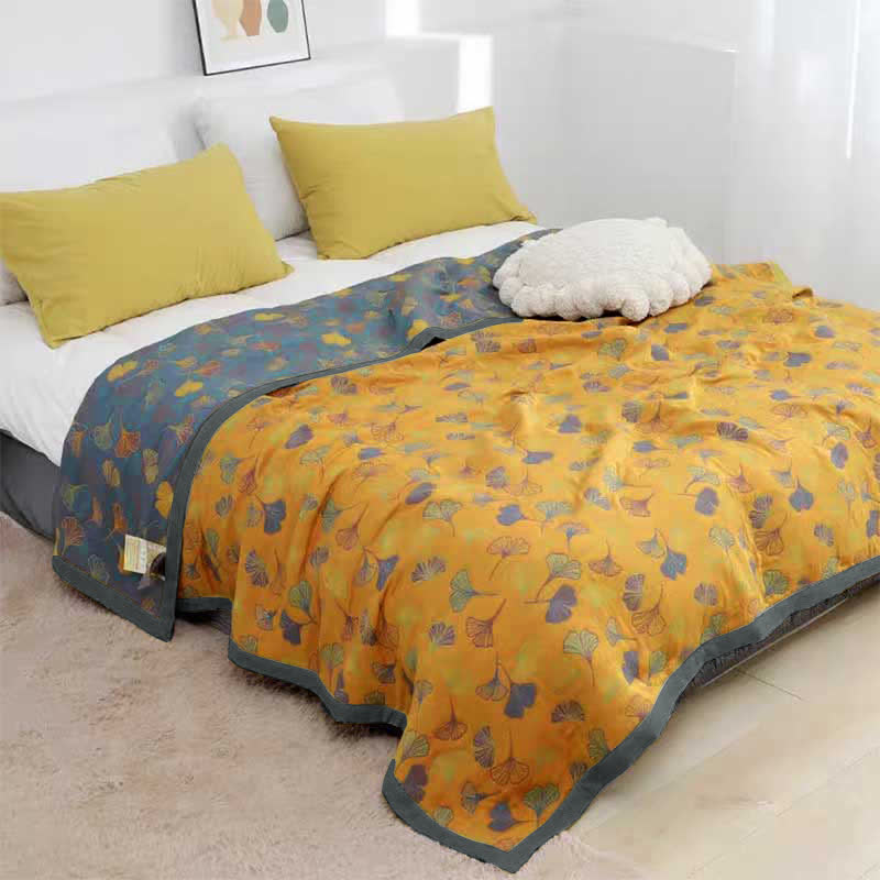 Reversible Cotton Quilt Ginkgo Leaf Botanical Print Bedspread Comforter Coverlet for Bedroom Decor Queen King Full Size Soft Breathable | Thomler