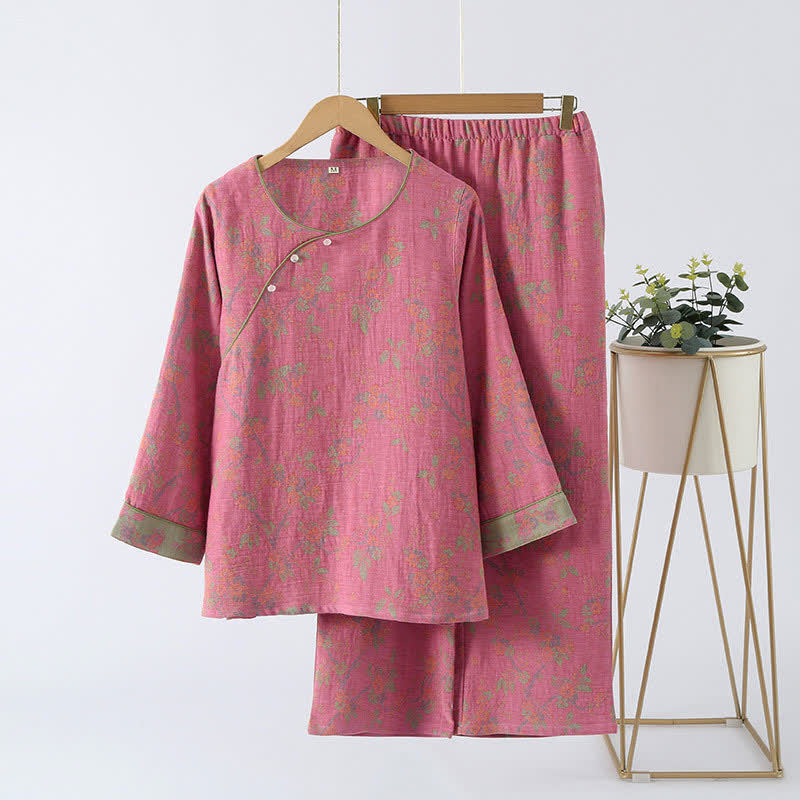Women's Cotton Two-Piece Pajama Set with Floral Jacquard Pattern for Sleeping & Lounging | Thomler