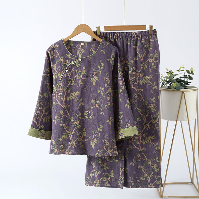 Women's Cotton Two-Piece Pajama Set with Floral Jacquard Pattern for Sleeping & Lounging | Thomler