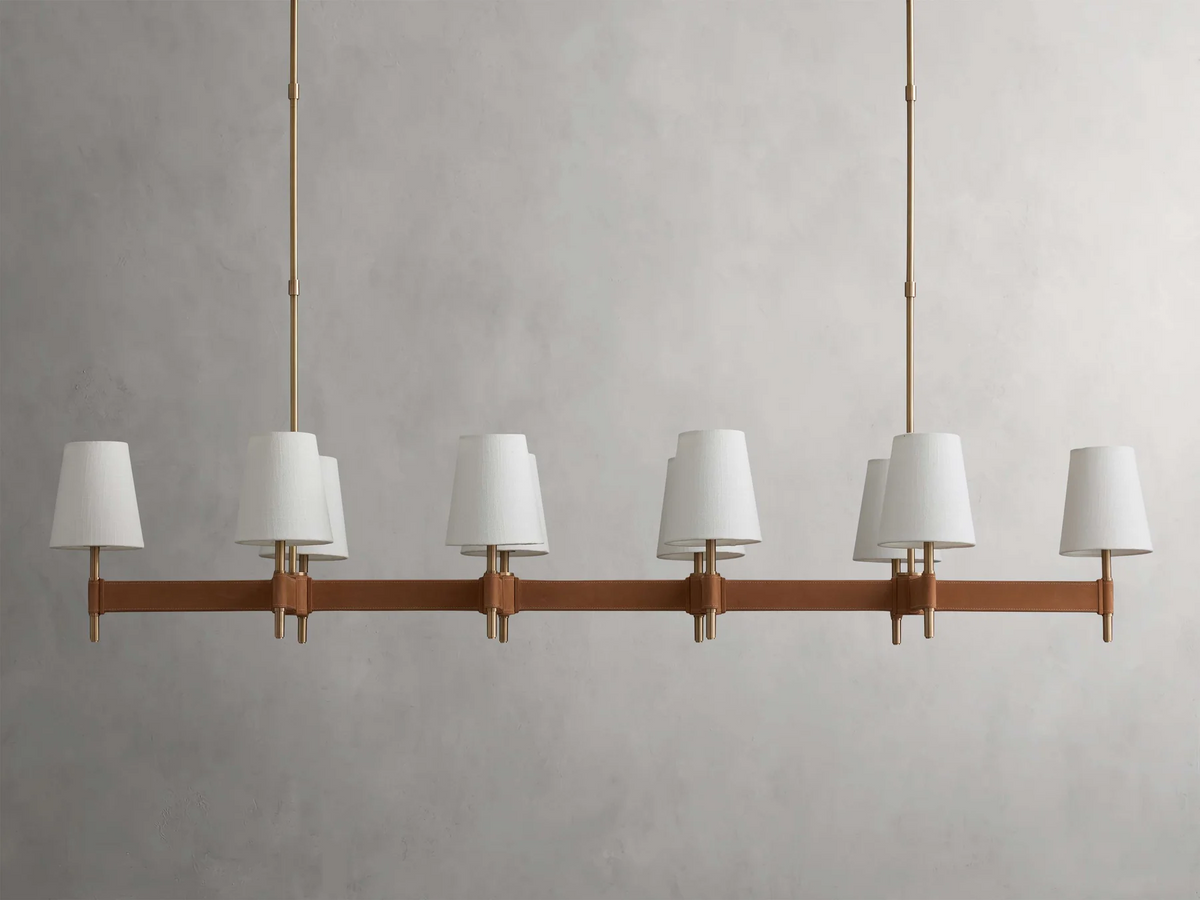 Linear Chandelier 6-10 Lights Antiqued Brass Leather Accent White Linen Shade Adjustable Height Dining Room Kitchen Island | Thomler