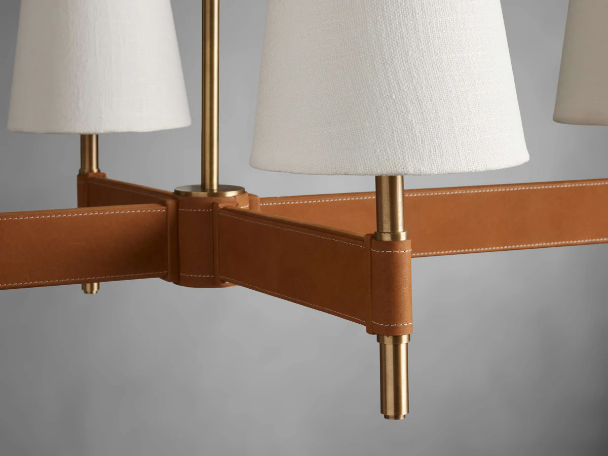 Linear Chandelier 6-10 Lights Antiqued Brass Leather Accent White Linen Shade Adjustable Height Dining Room Kitchen Island | Thomler