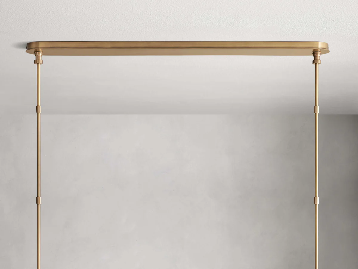 Linear Chandelier 6-10 Lights Antiqued Brass Leather Accent White Linen Shade Adjustable Height Dining Room Kitchen Island | Thomler