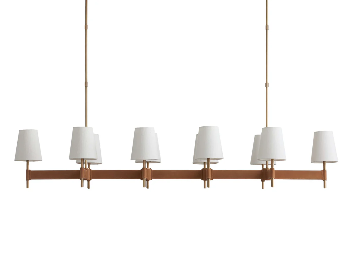 Linear Chandelier 6-10 Lights Antiqued Brass Leather Accent White Linen Shade Adjustable Height Dining Room Kitchen Island | Thomler