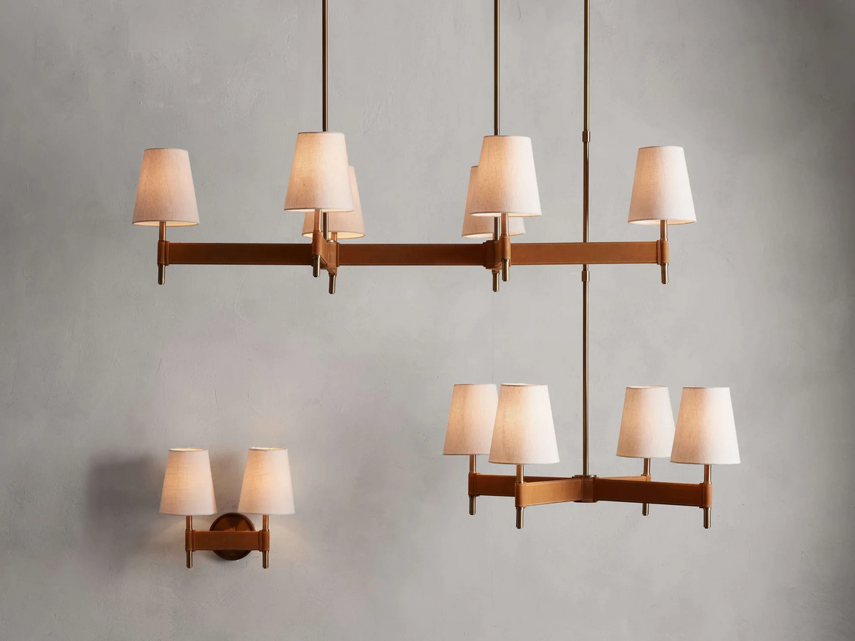 Linear Chandelier 6-10 Lights Antiqued Brass Leather Accent White Linen Shade Adjustable Height Dining Room Kitchen Island | Thomler