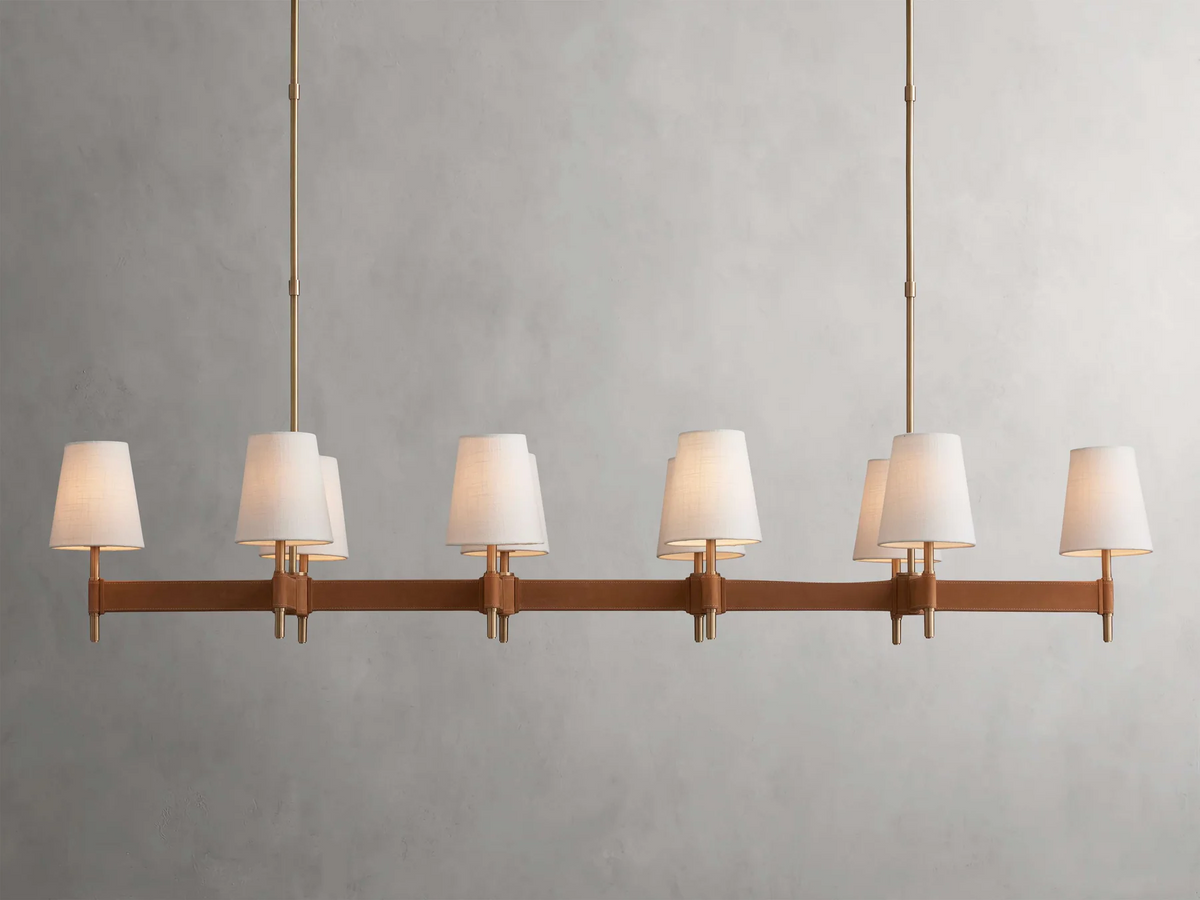 Linear Chandelier 6-10 Lights Antiqued Brass Leather Accent White Linen Shade Adjustable Height Dining Room Kitchen Island | Thomler