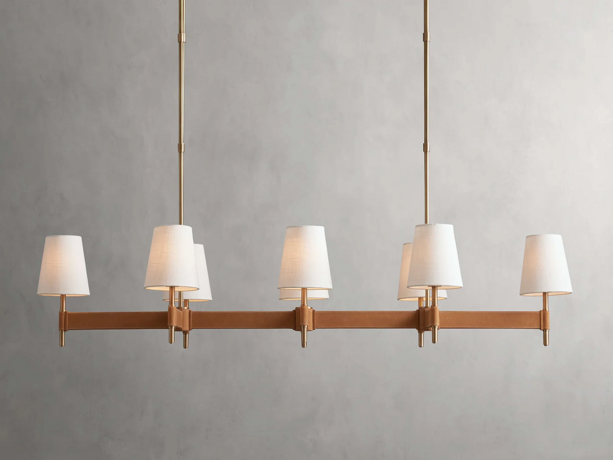 Linear Chandelier 6-10 Lights Antiqued Brass Leather Accent White Linen Shade Adjustable Height Dining Room Kitchen Island | Thomler