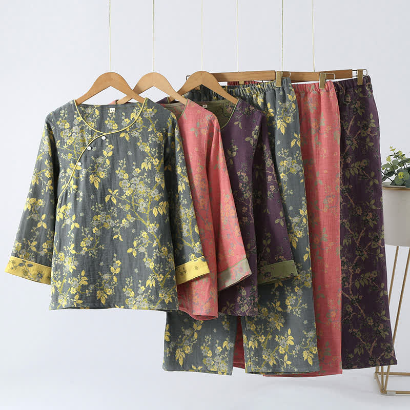 Women's Cotton Two-Piece Pajama Set with Floral Jacquard Pattern for Sleeping & Lounging | Thomler