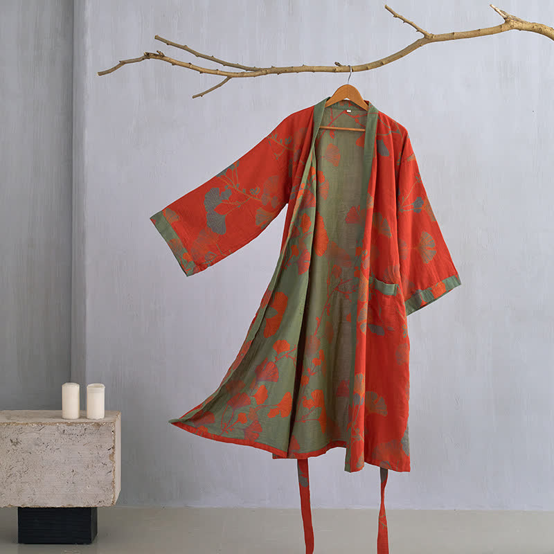 Women's Japanese-Style Cotton Gauze Robe with Oversized Botanical Print | Lightweight Kimono Wrap for Loungewear & Sleepwear | Thomler