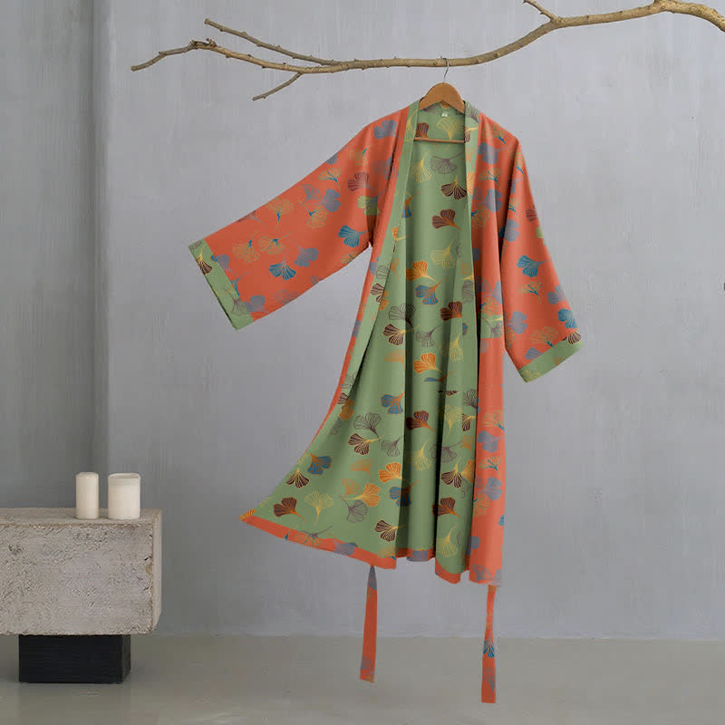 Cotton Gauze Kimono Robe Women Men Lightweight Bathrobe Ginkgo Leaf Pattern Unisex Loungewear Spa Wrap Housecoat Sleepwear Quick-Dry | Thomler