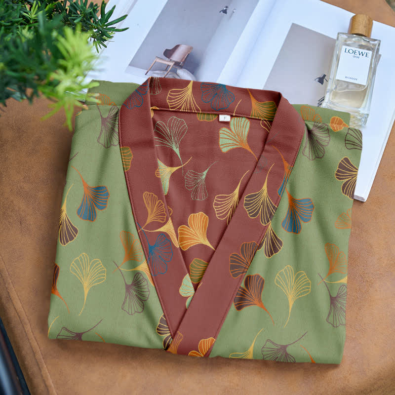 Cotton Gauze Kimono Robe Women Men Lightweight Bathrobe Ginkgo Leaf Pattern Unisex Loungewear Spa Wrap Housecoat Sleepwear Quick-Dry | Thomler