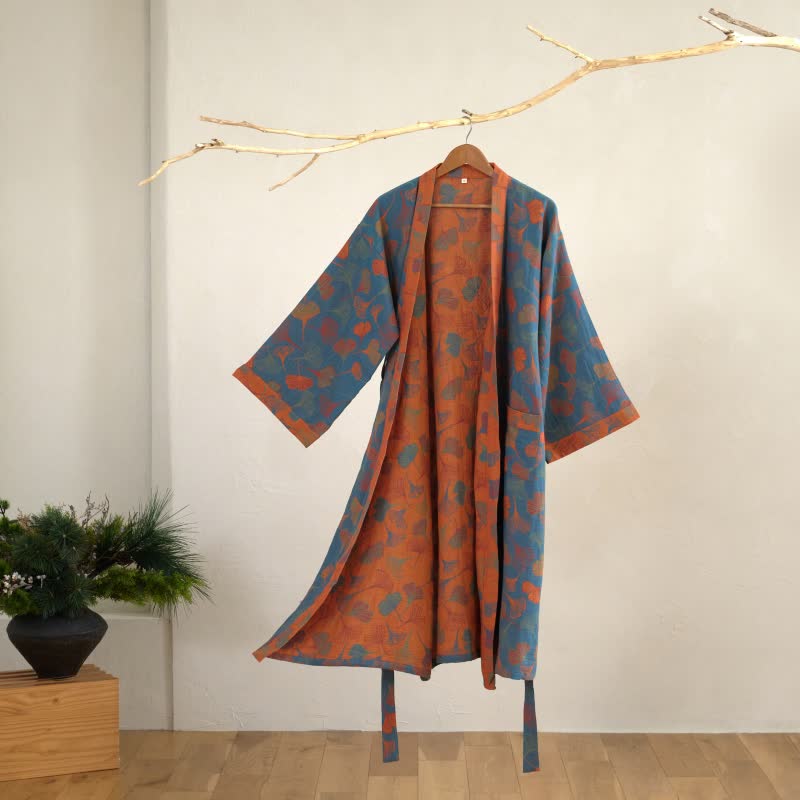 Cotton Gauze Kimono Robe Women Men Lightweight Bathrobe Ginkgo Leaf Pattern Unisex Loungewear Spa Wrap Housecoat Sleepwear Quick-Dry | Thomler