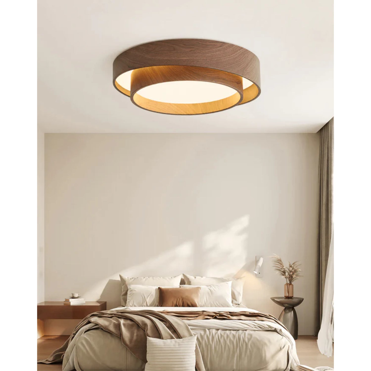 Ceiling Light Wood Look Walnut Integrated LED Japandi Bedroom Living Room Flush Mount Scandinavian Lighting | Thomler