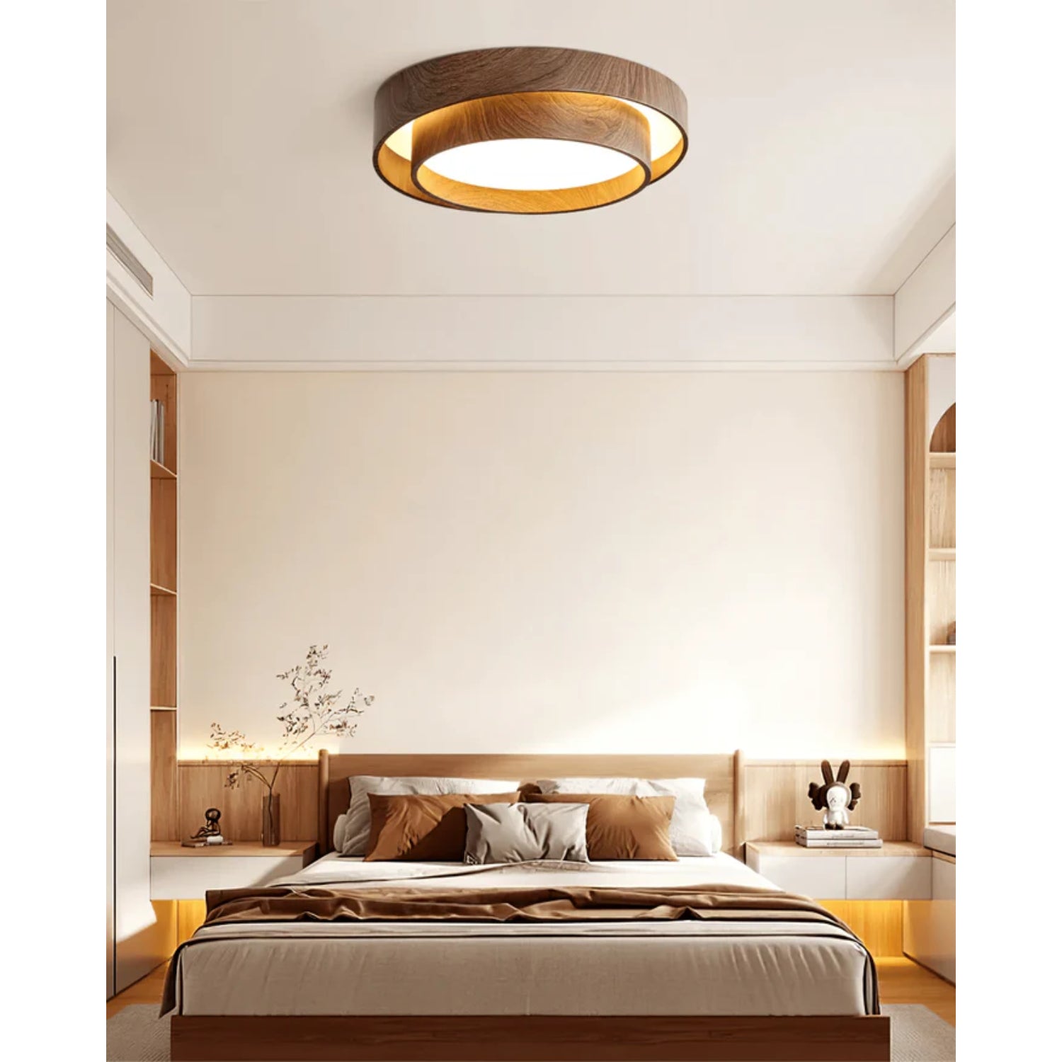 Ceiling Light Wood Look Walnut Integrated LED Japandi Bedroom Living Room Flush Mount Scandinavian Lighting | Thomler