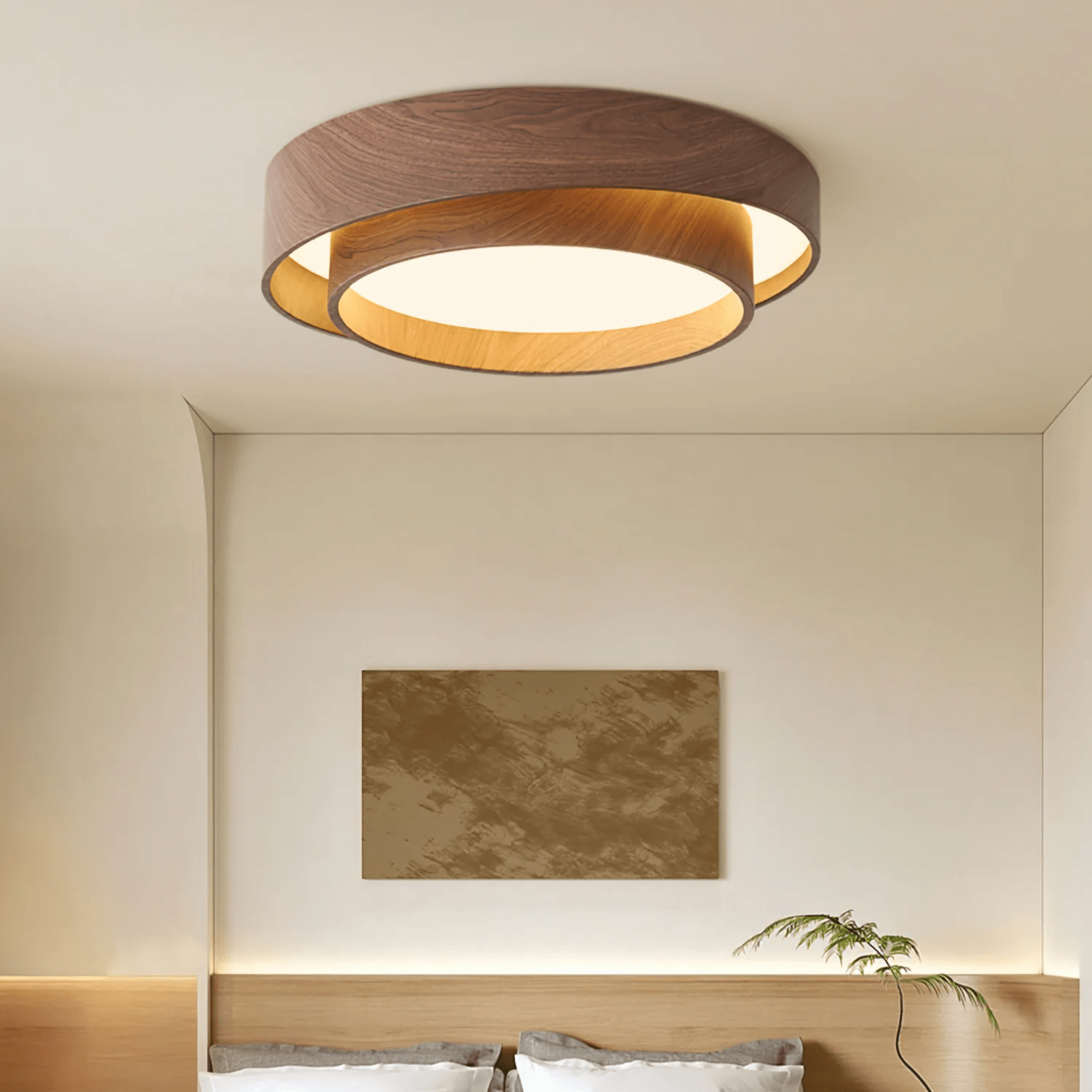Ceiling Light Wood Look Walnut Integrated LED Japandi Bedroom Living Room Flush Mount Scandinavian Lighting | Thomler