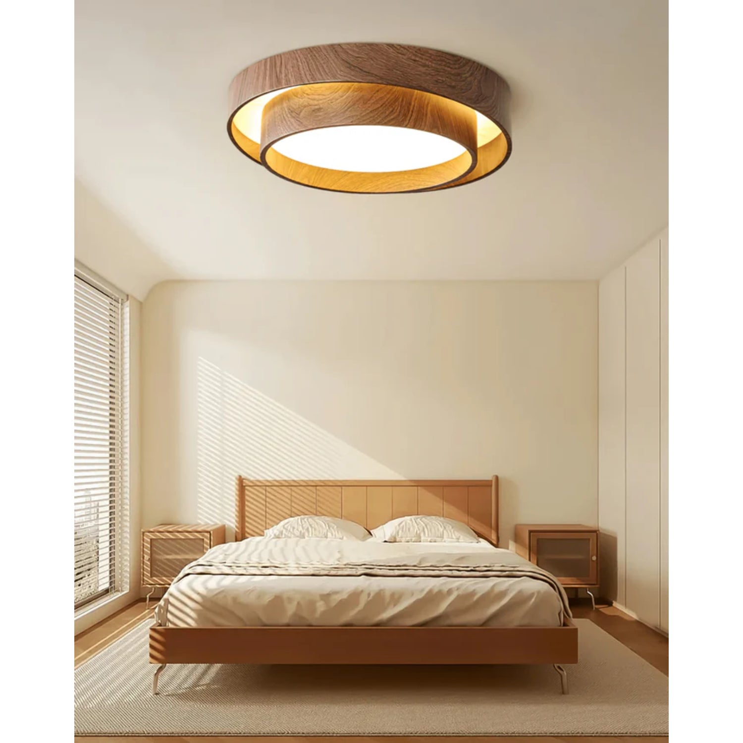 Ceiling Light Wood Look Walnut Integrated LED Japandi Bedroom Living Room Flush Mount Scandinavian Lighting | Thomler