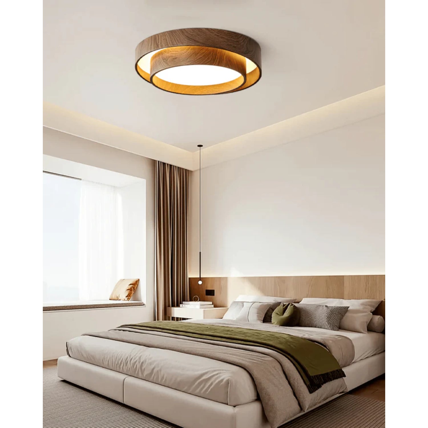 Ceiling Light Wood Look Walnut Integrated LED Japandi Bedroom Living Room Flush Mount Scandinavian Lighting | Thomler