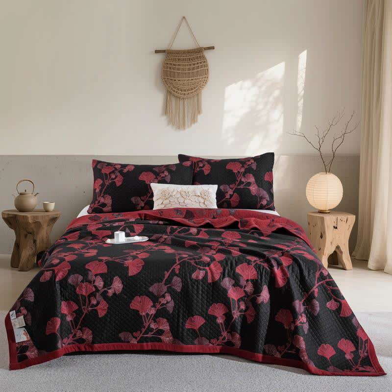 Reversible Cotton Quilt Ginkgo Leaf Design All-Season Bedspread Lightweight Throw Blanket for Bedroom Sofa Couch Travel Comfort | Thomler