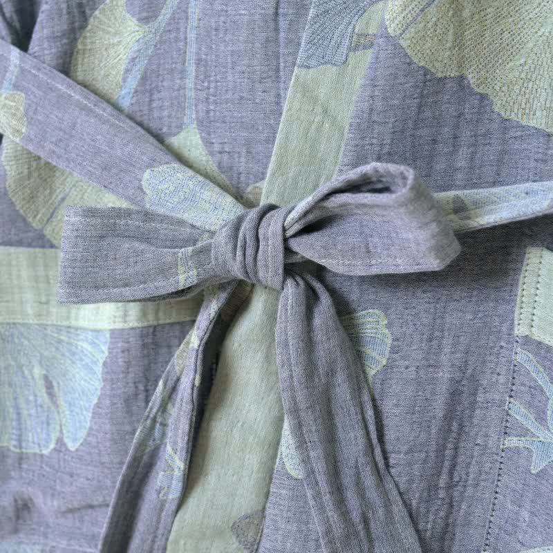 Reversible Cotton Kimono Robe with Ginkgo Leaf Print for Women - Lightweight Spa Bathrobe with Belt & Dual-Tone Design | Thomler