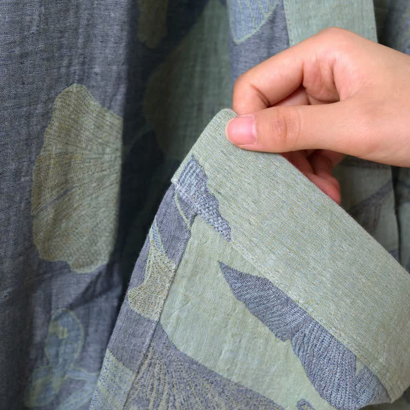 Reversible Cotton Kimono Robe with Ginkgo Leaf Print for Women - Lightweight Spa Bathrobe with Belt & Dual-Tone Design | Thomler