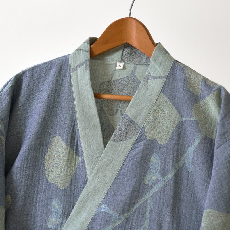 Reversible Cotton Kimono Robe with Ginkgo Leaf Print for Women - Lightweight Spa Bathrobe with Belt & Dual-Tone Design | Thomler