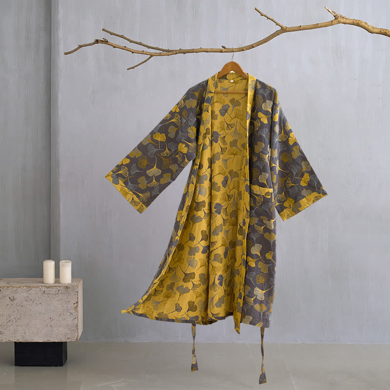 Cotton Gauze Kimono Robe Women Men Lightweight Bathrobe Ginkgo Leaf Pattern Unisex Loungewear Spa Wrap Housecoat Sleepwear Quick-Dry | Thomler