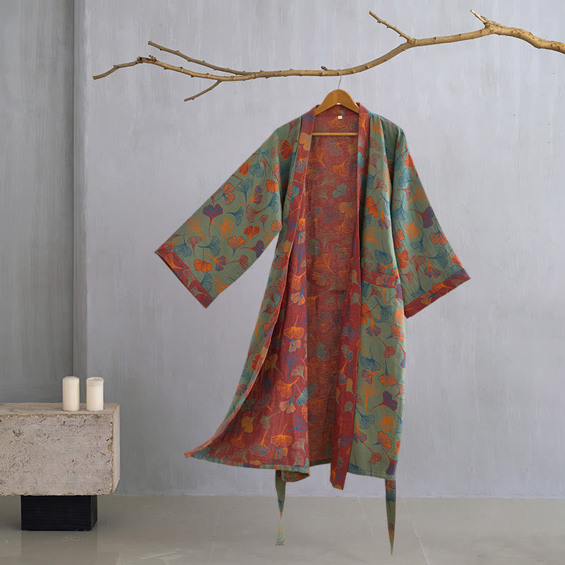 Cotton Gauze Kimono Robe Women Men Lightweight Bathrobe Ginkgo Leaf Pattern Unisex Loungewear Spa Wrap Housecoat Sleepwear Quick-Dry | Thomler