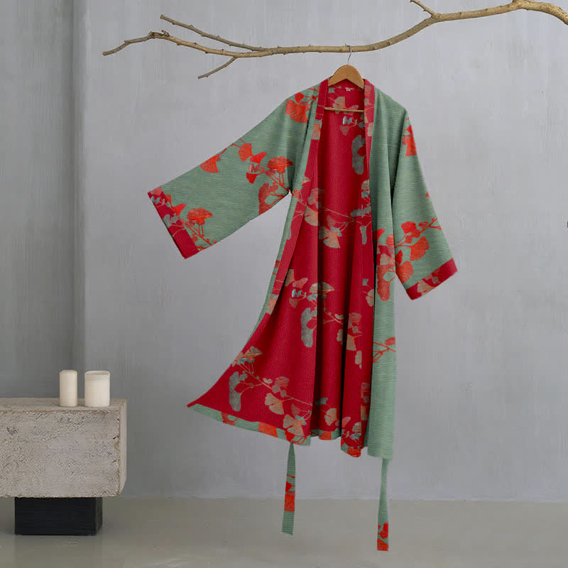 Reversible Cotton Kimono Robe with Ginkgo Leaf Print for Women - Lightweight Spa Bathrobe with Belt & Dual-Tone Design | Thomler
