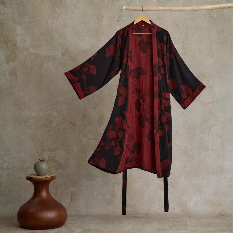 Women's Japanese-Style Cotton Gauze Robe with Oversized Botanical Print | Lightweight Kimono Wrap for Loungewear & Sleepwear | Thomler